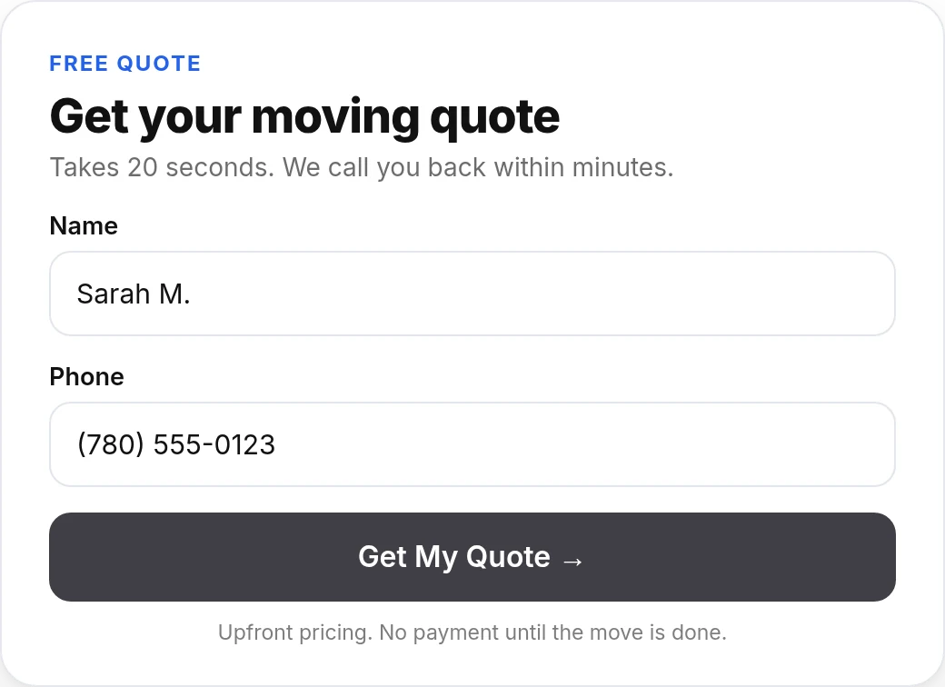 Fast Track Movers quote form asking only for a name and phone number