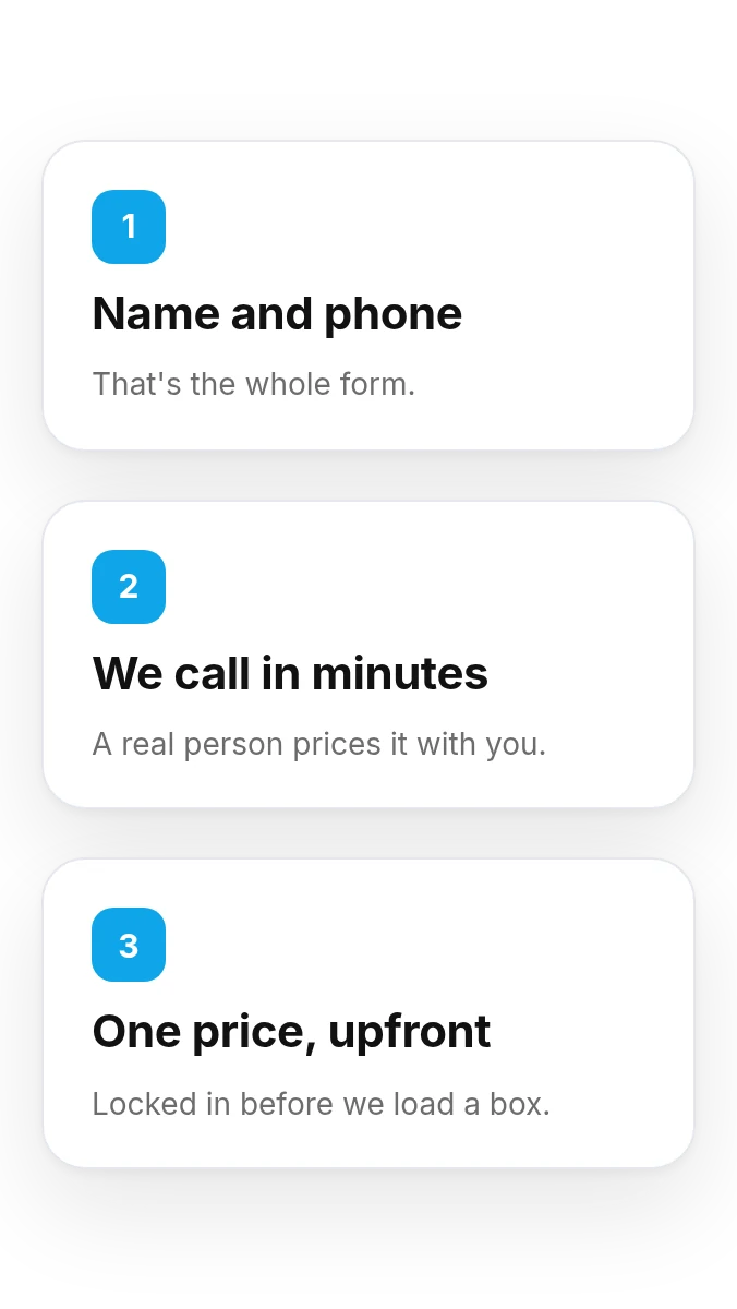 Three steps to a Fast Track quote: name and phone, a call within minutes, one upfront price