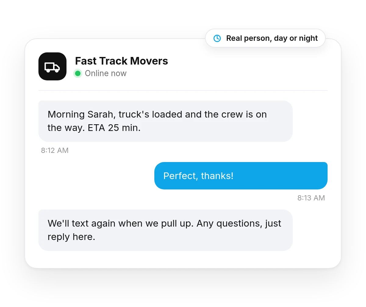 Text message from Fast Track Movers letting a customer know the crew is loaded and on the way